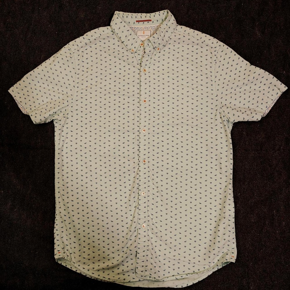 Denim & Flower Ricky Singh Mens Slim Fit Short Sleeve Button Up Shirt Green M